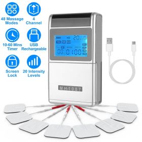 4 Channel TENS Unit Muscle Stimulator Rechargeable Digital TENS Muscle Massager with 48 Modes 20 Intensity Levels 8 Pads Timer (Color: Silver)